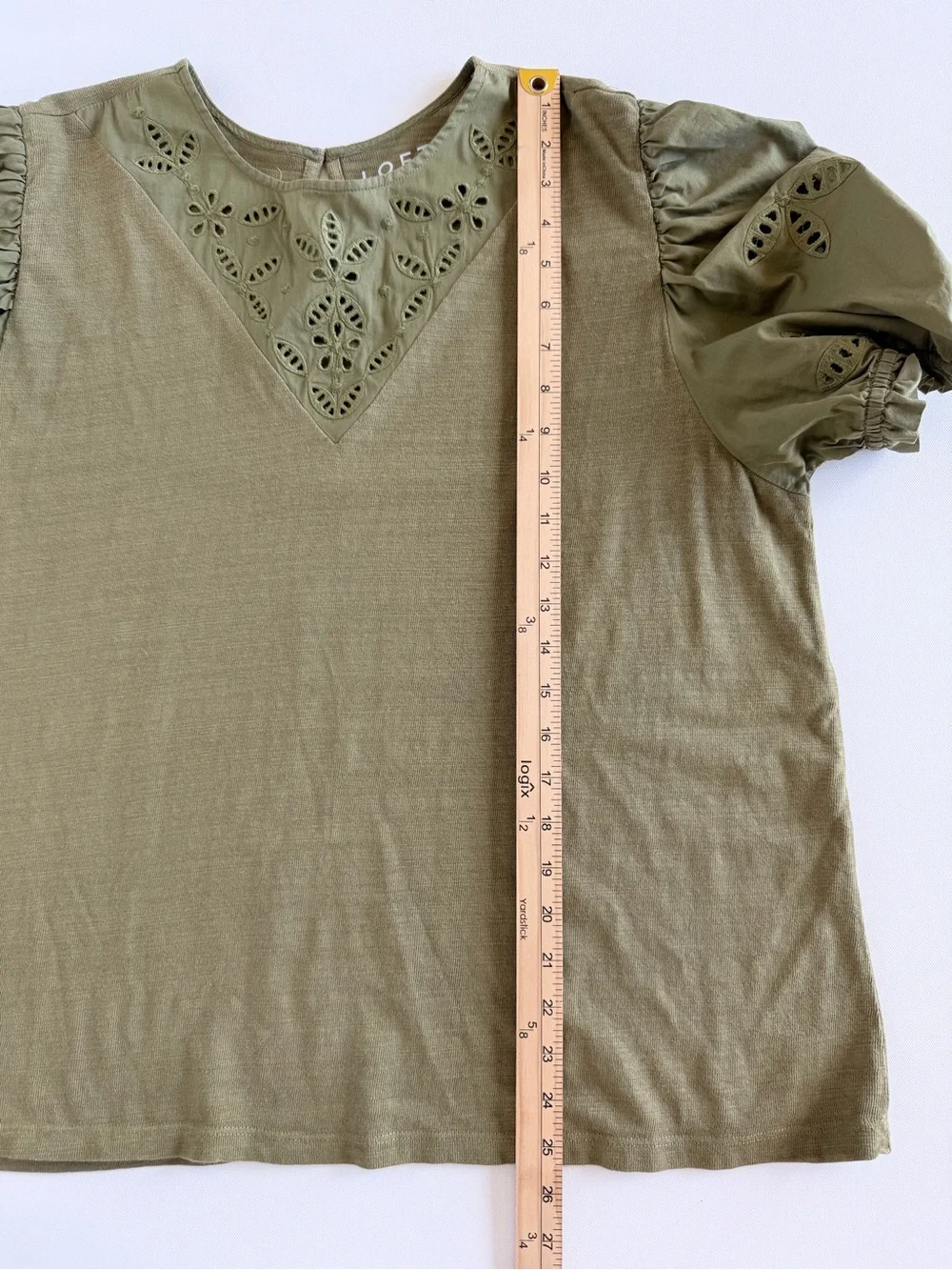 LOFT Olive Green Eyelet Puff Sleeve Cotton Blouse XL Cottagecore